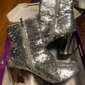 Forever 21 Silver Sequin Block Heel Ankle Boots